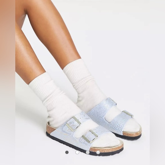 NWOT Birkenstock Arizona dusty blue flat shiny python sandals, size 38 - Picture 3 of 14